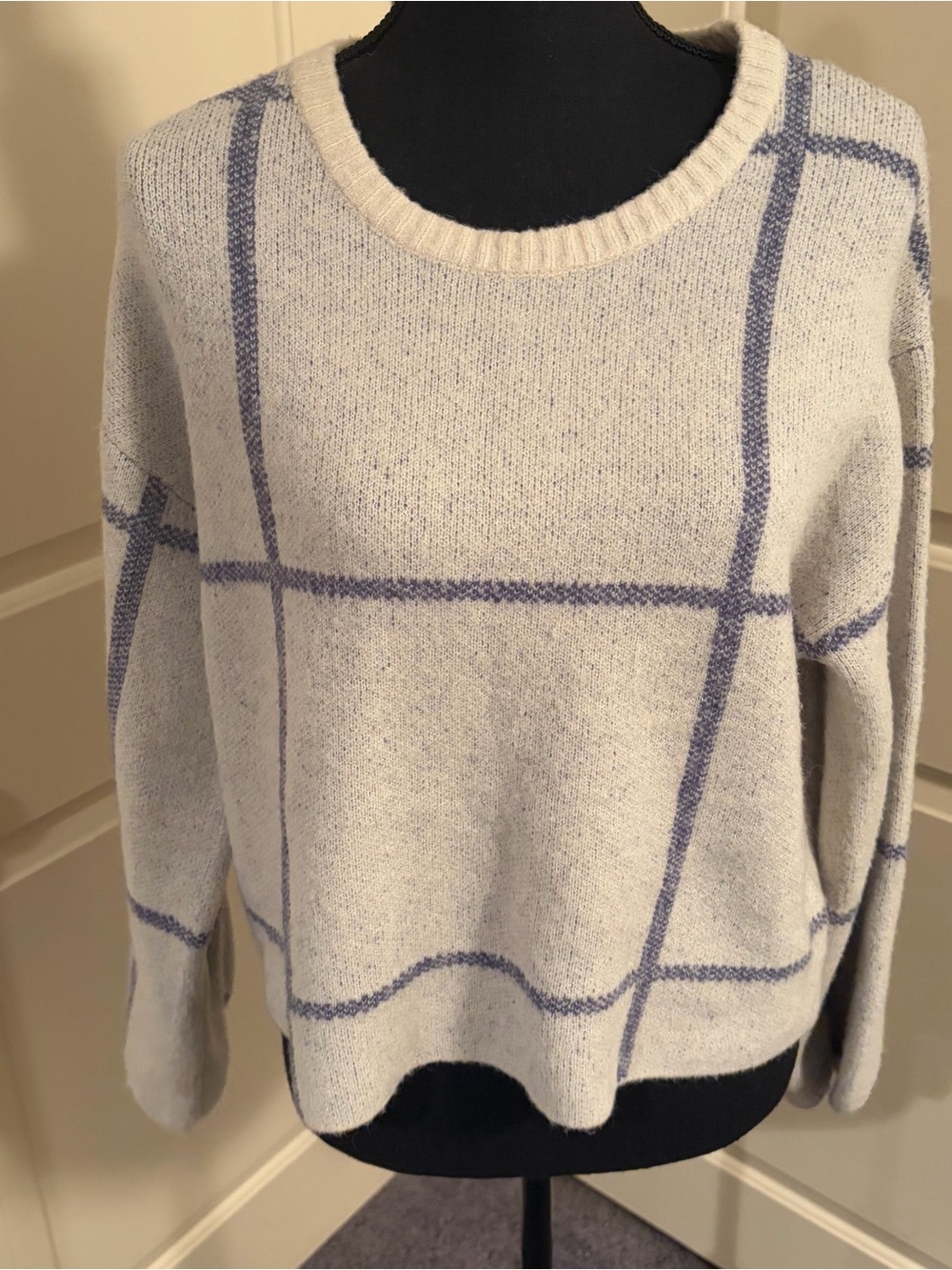 Z Supply Cream Crewneck Sweater with Blue Windowpane Check